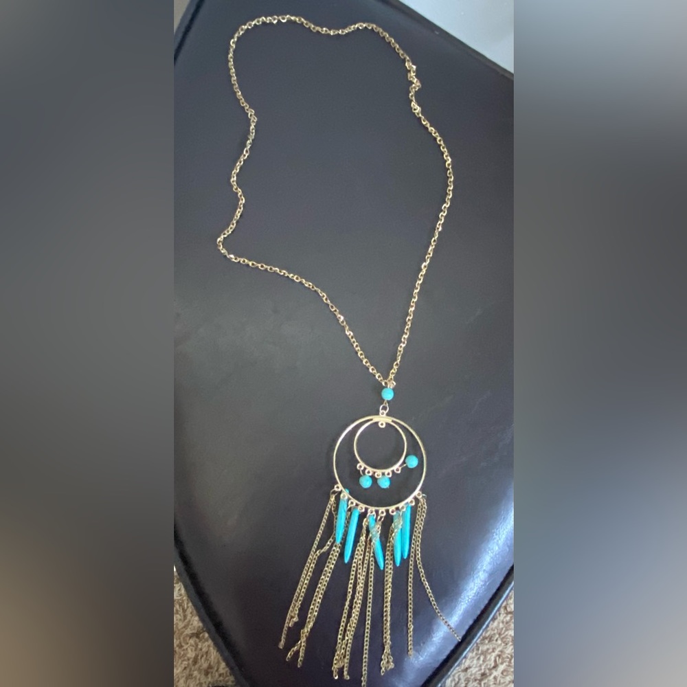 Long Gold and Turquoise Necklace